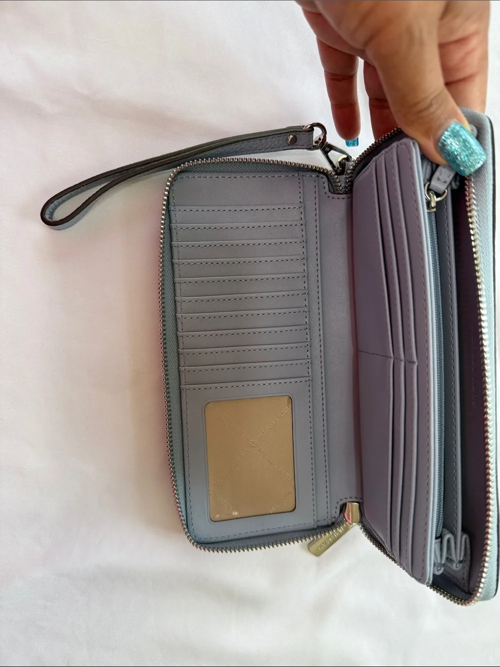 Michael Kors Light Gray Pebbled Leather Wristlet Wallet with Gold Logo